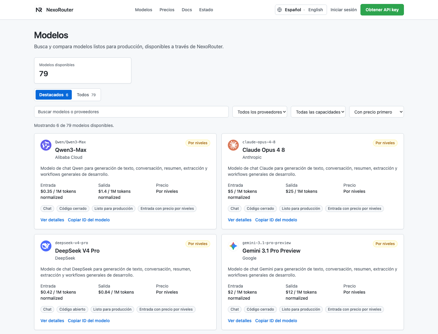 Catálogo público de modelos de NexoRouter